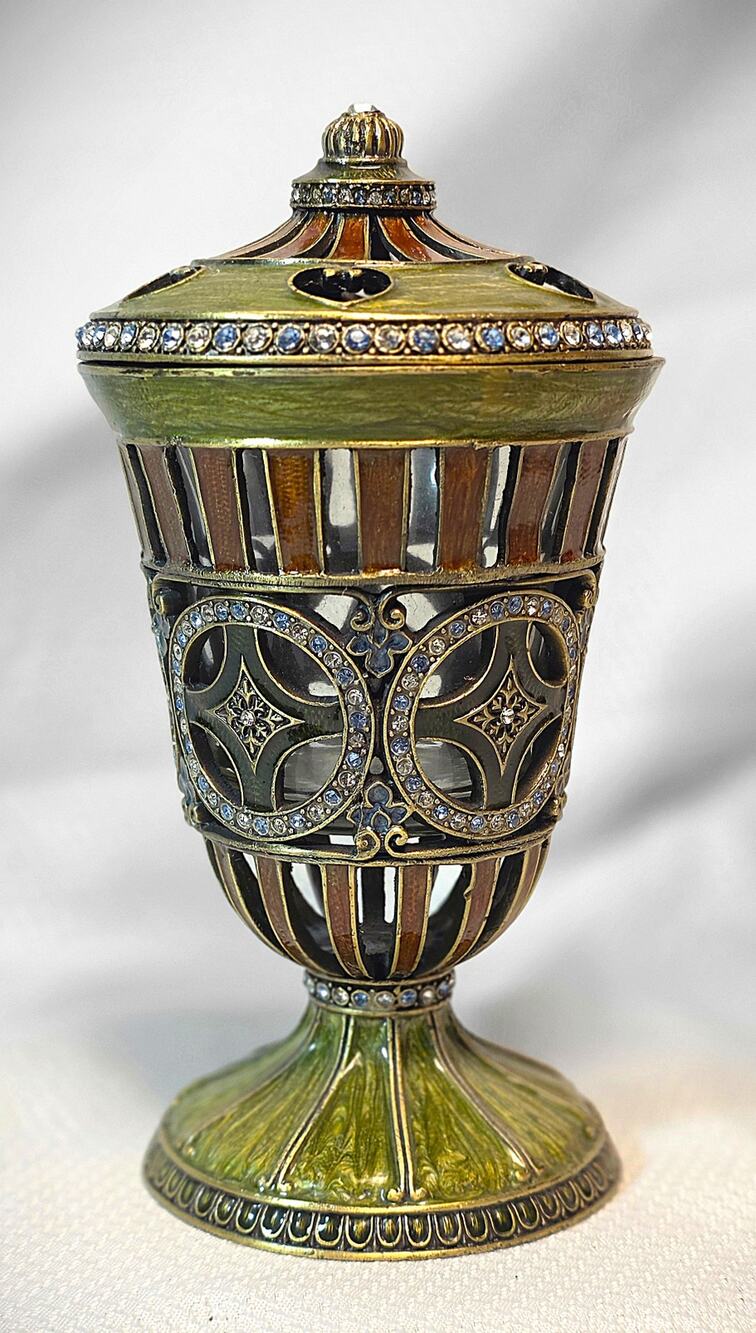 Vintage Ornate Metal Incense Burner Urn w/ Lid Jeweled Enamel Filigree Footed